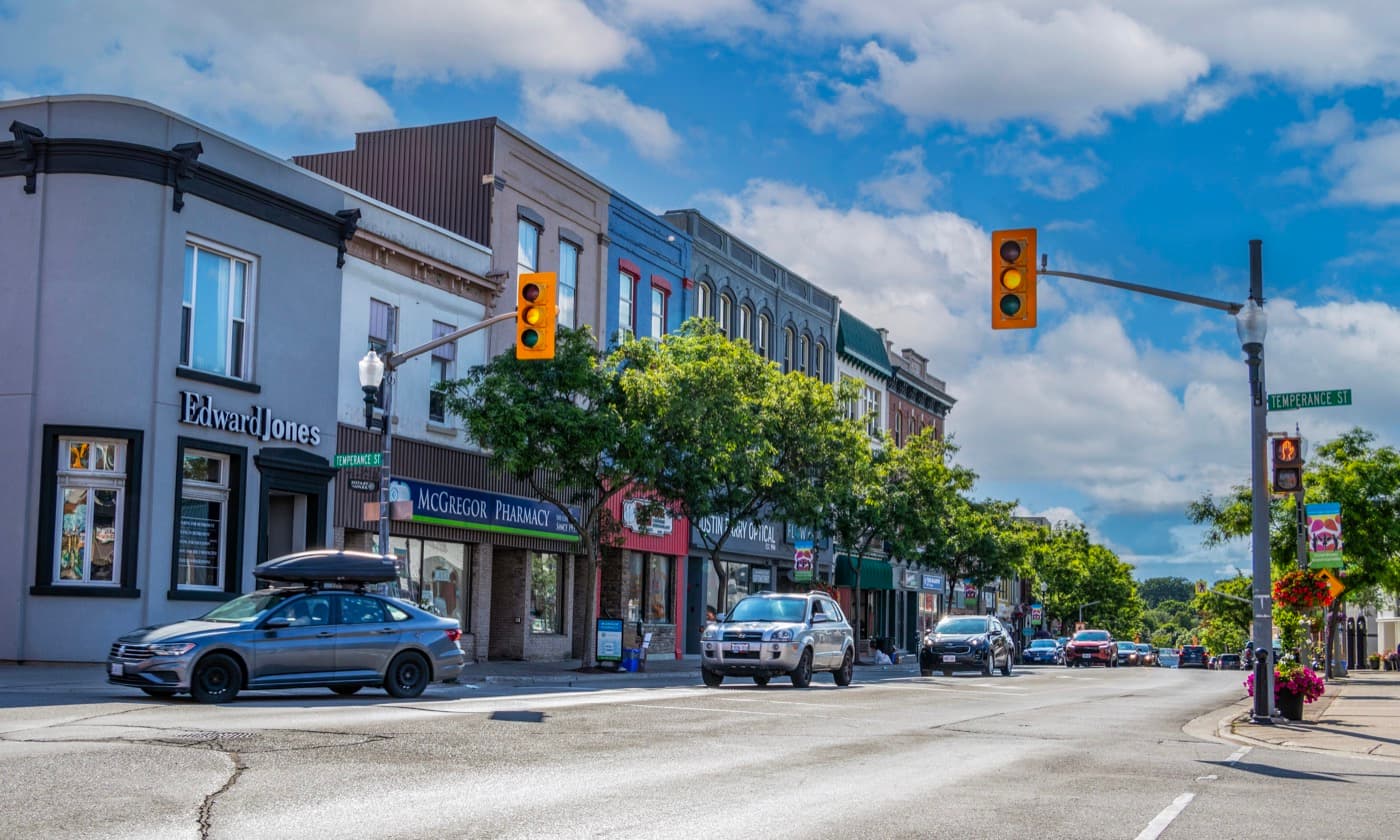 Downtown King Street storefronts in Bowmanville, Ontario