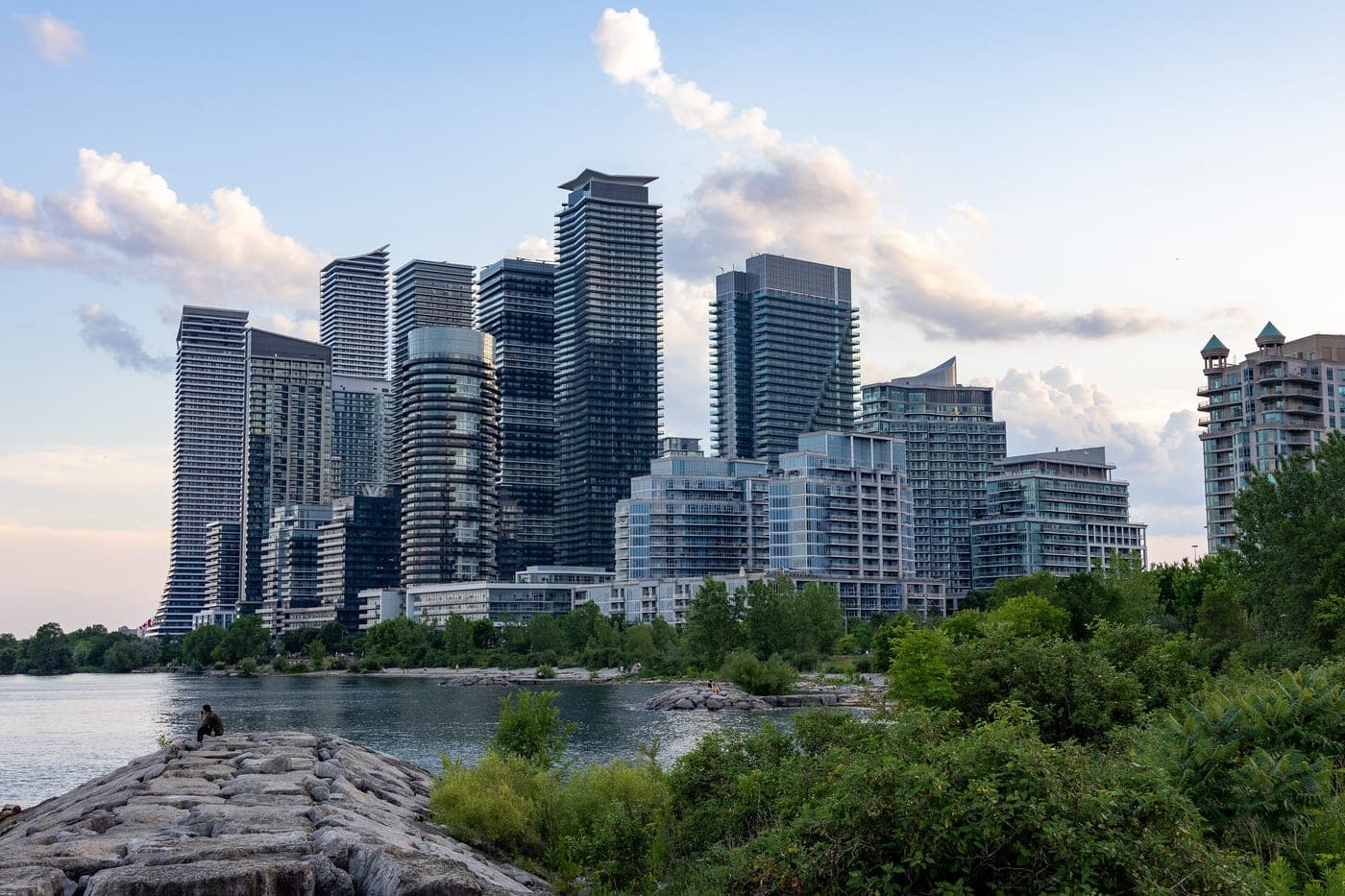 The Toronto skyline seen across the water from the Humber Bay shoreline