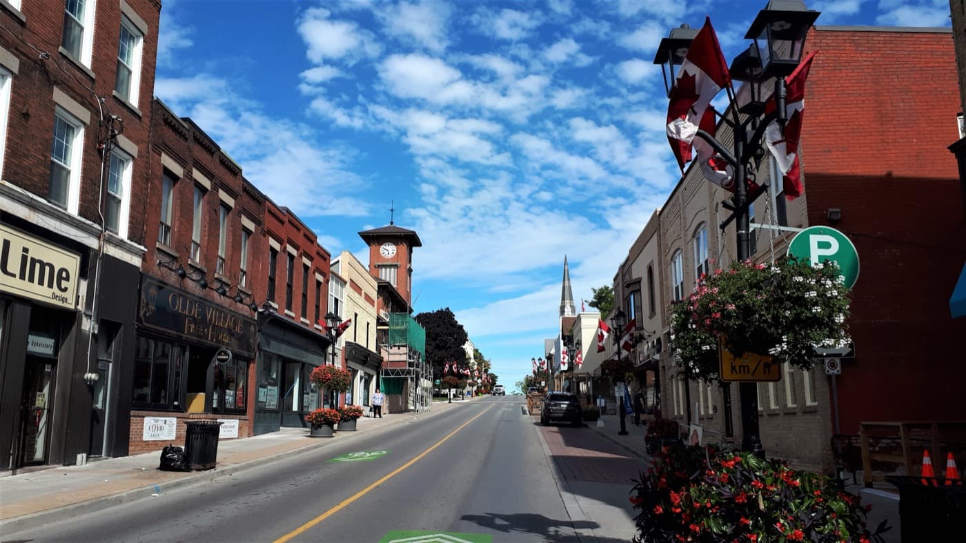 Historic Main Street storefronts in Newmarket, Ontario