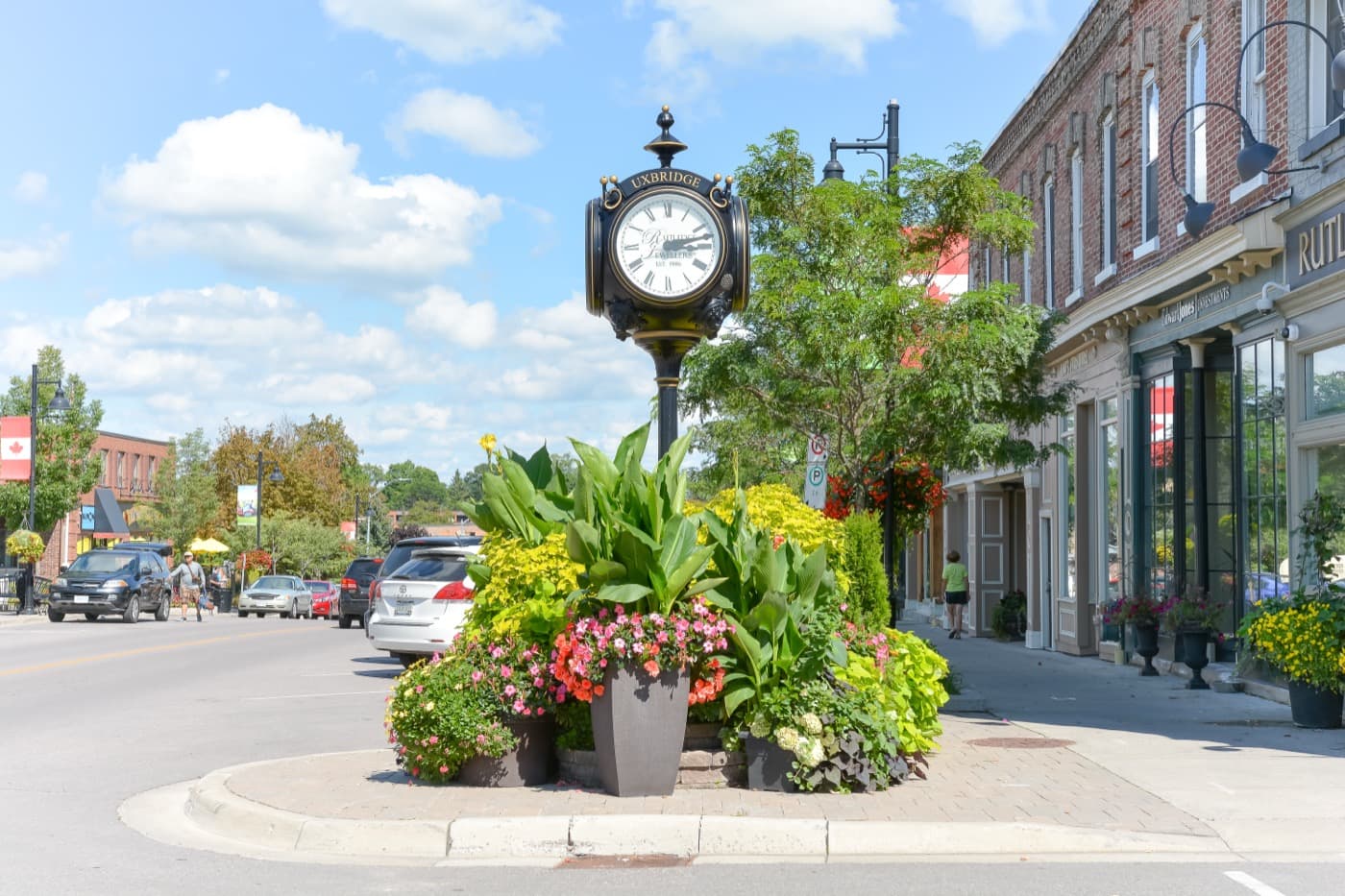 Downtown Brock Street and the town clock in Uxbridge, Ontario