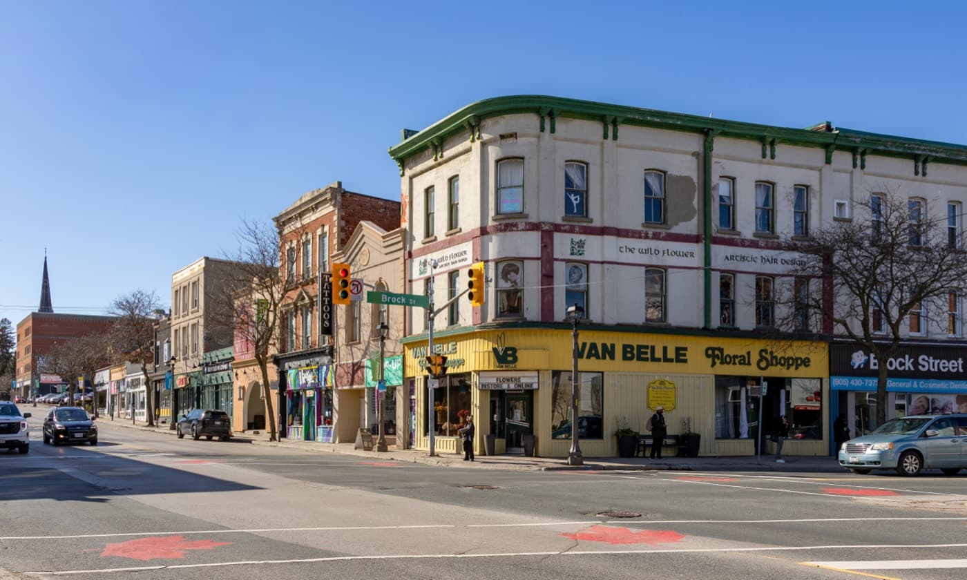 Downtown Brock Street storefronts in Whitby, Ontario